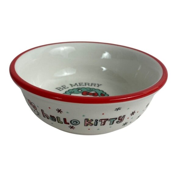 Hello Kitty  Pet Dog /Cat Food  Bowl Flat Bottom Be Merry & Bright White Red NEW - Picture 2 of 8